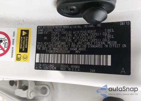 2013 Toyota Highlander Se V6 z USA, uszkodzony, nr VIN 5TDBK3EHXDS255048